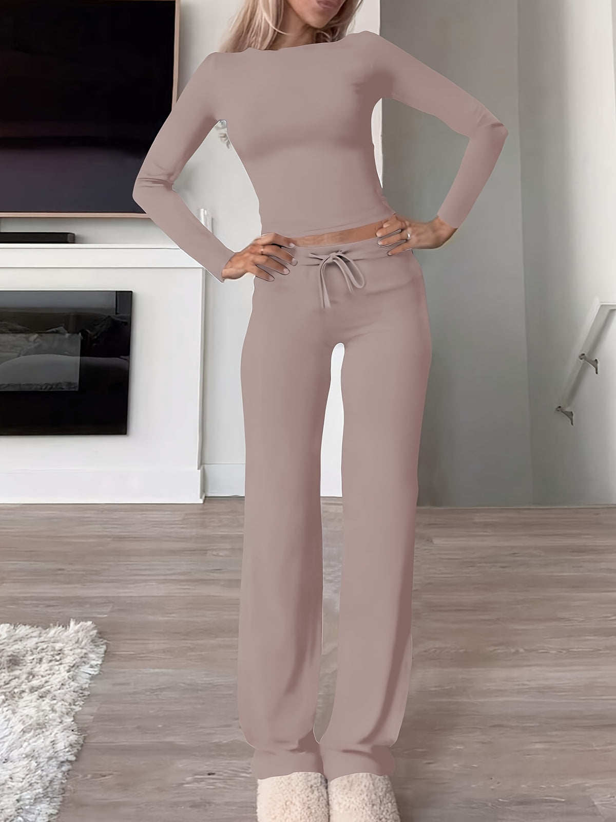 Montarello Women's Loungewear Set Ribbed Long Sleeve Drawstring Two Piece