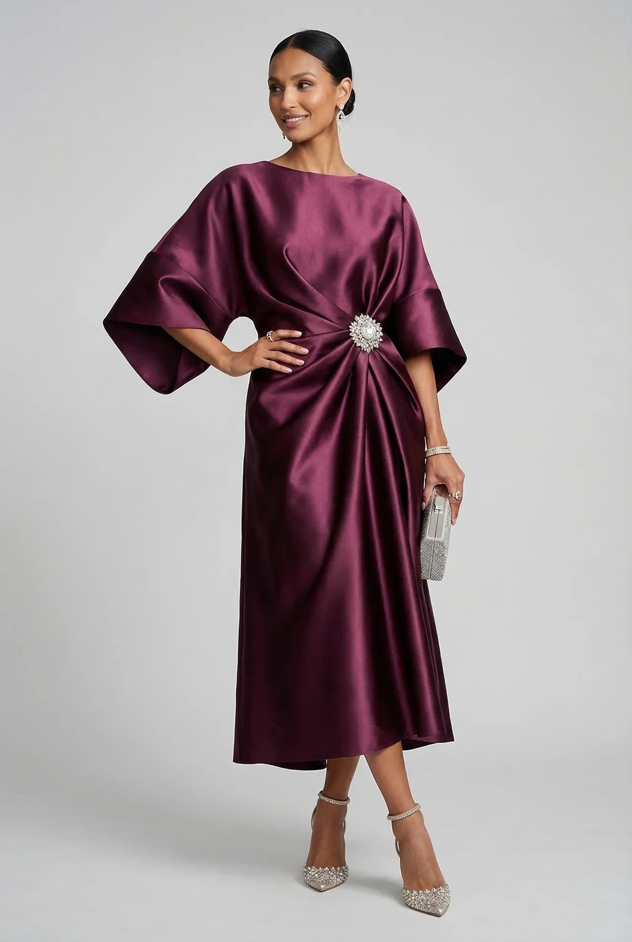 Montarello Women's Satin-Look Batwing Sleeve Wedding Guest Midi Dress