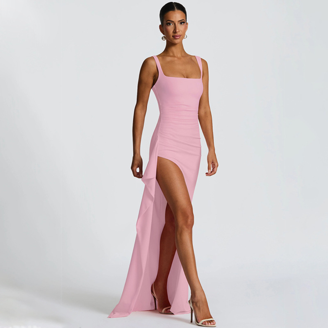 Montarello Square Neck Slit Maxi Dress Formal Evening