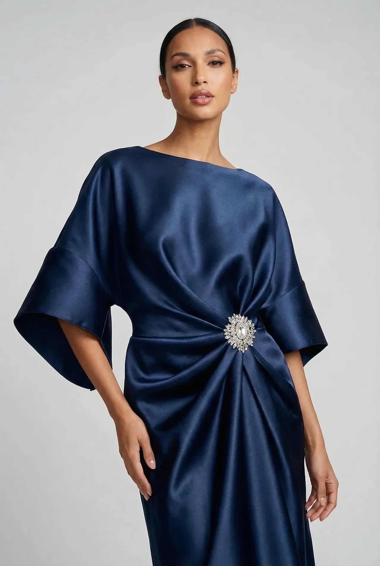 Montarello Women's Satin-Look Batwing Sleeve Wedding Guest Midi Dress
