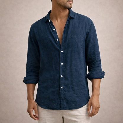 Montarello Men's Linen-Look Open Collar Shirt Long Sleeve