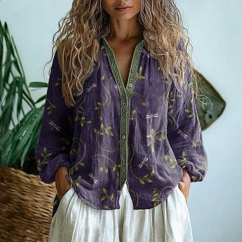 Montarello Women's Floral Print V-Neck Loose Shirt Long Sleeve