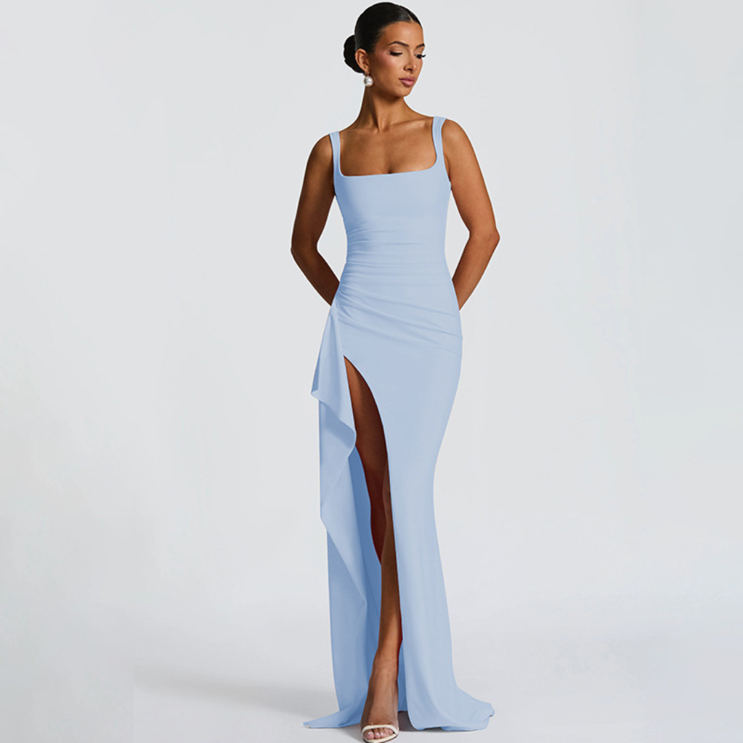 Montarello Square Neck Slit Maxi Dress Formal Evening