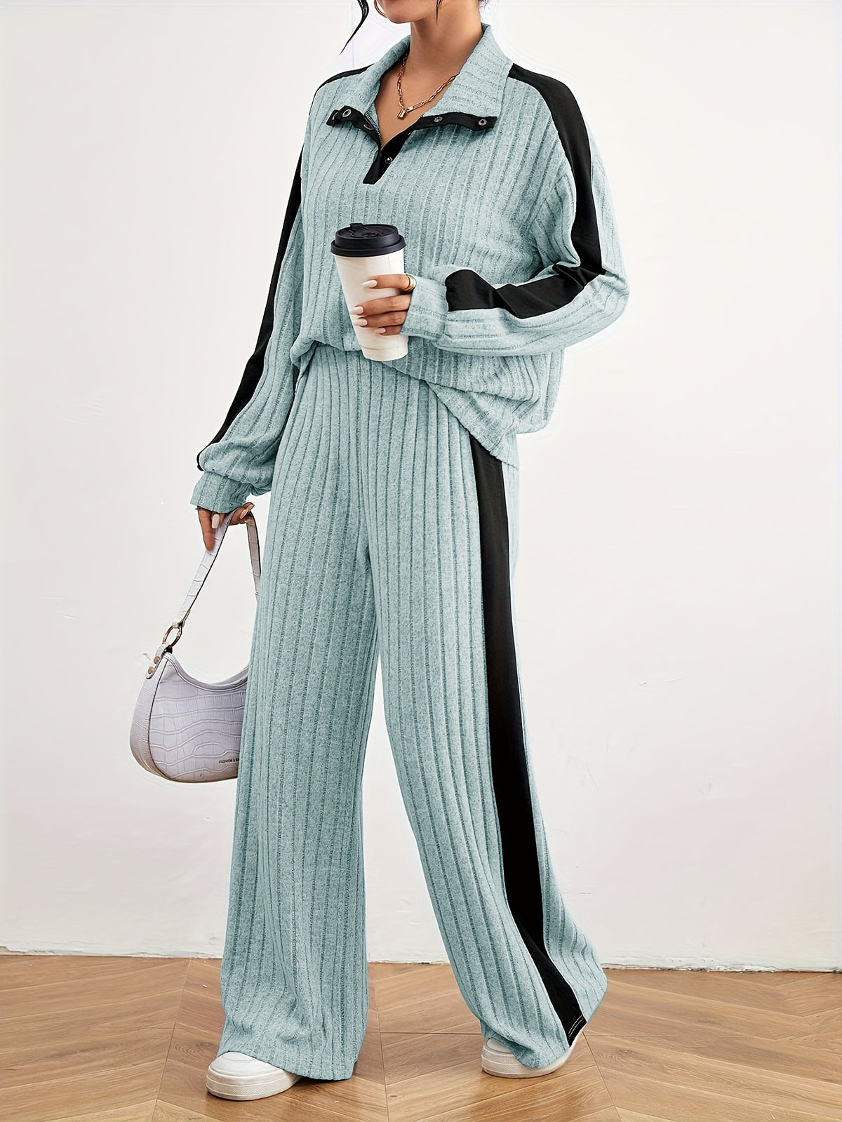 Montarello Women's Lounge Set Striped Knit Contrast Trim Two Piece