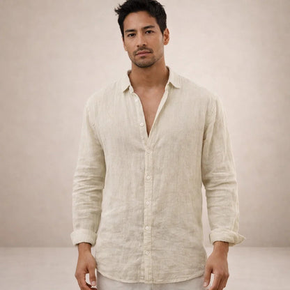 Montarello Men's Linen-Look Open Collar Shirt Long Sleeve