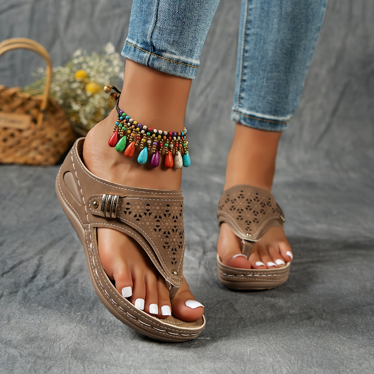 Montarello Women's Beaded Platform Wedge Thong Sandals