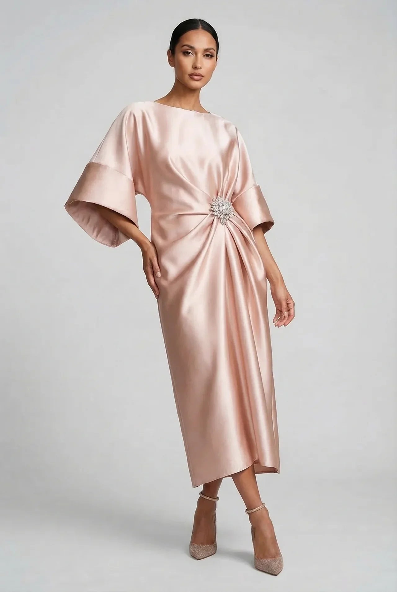 Montarello Women's Satin-Look Batwing Sleeve Wedding Guest Midi Dress