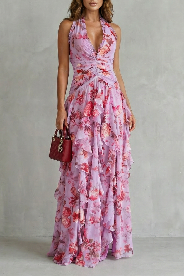 Montarello Women's Floral Halter Neck Maxi Dress – Wedding Guest Style