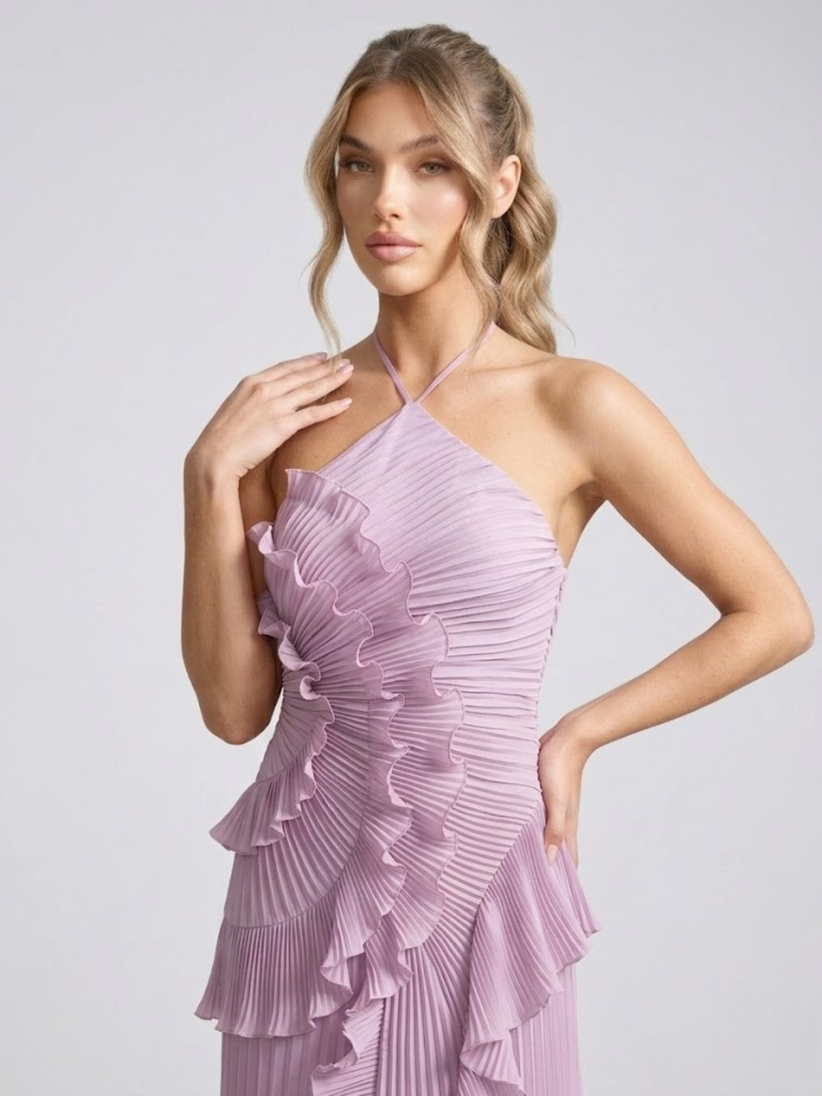 Montarello Women's Pleated Ruffle Halterneck Maxi Dress – Wedding Guest Style