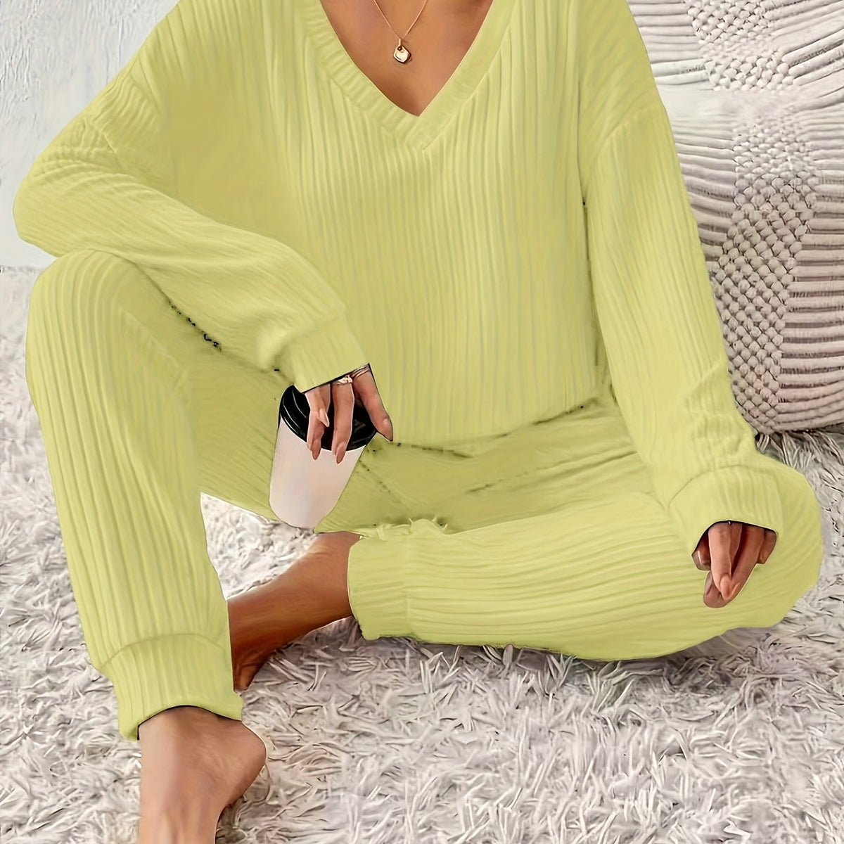 Montarello Women's Lounge Set V Neck Long Sleeve Knitted Two Piece