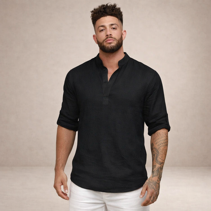 Montarello Men's Linen-Look Stand Collar Shirt Long Sleeve