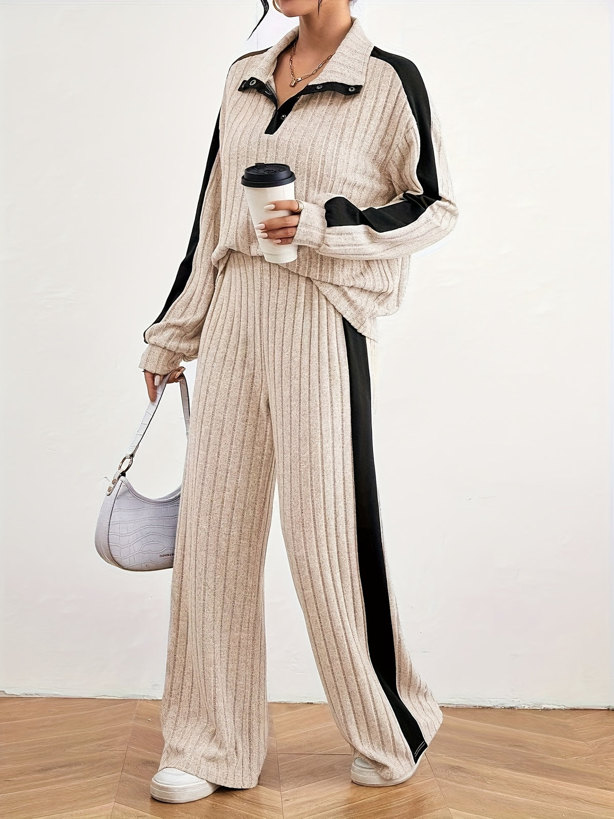 Montarello Women's Lounge Set Striped Knit Contrast Trim Two Piece