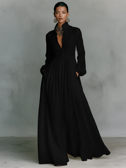 Montarello Women's Linen-Look Maxi Dress Stand Collar Long Sleeve