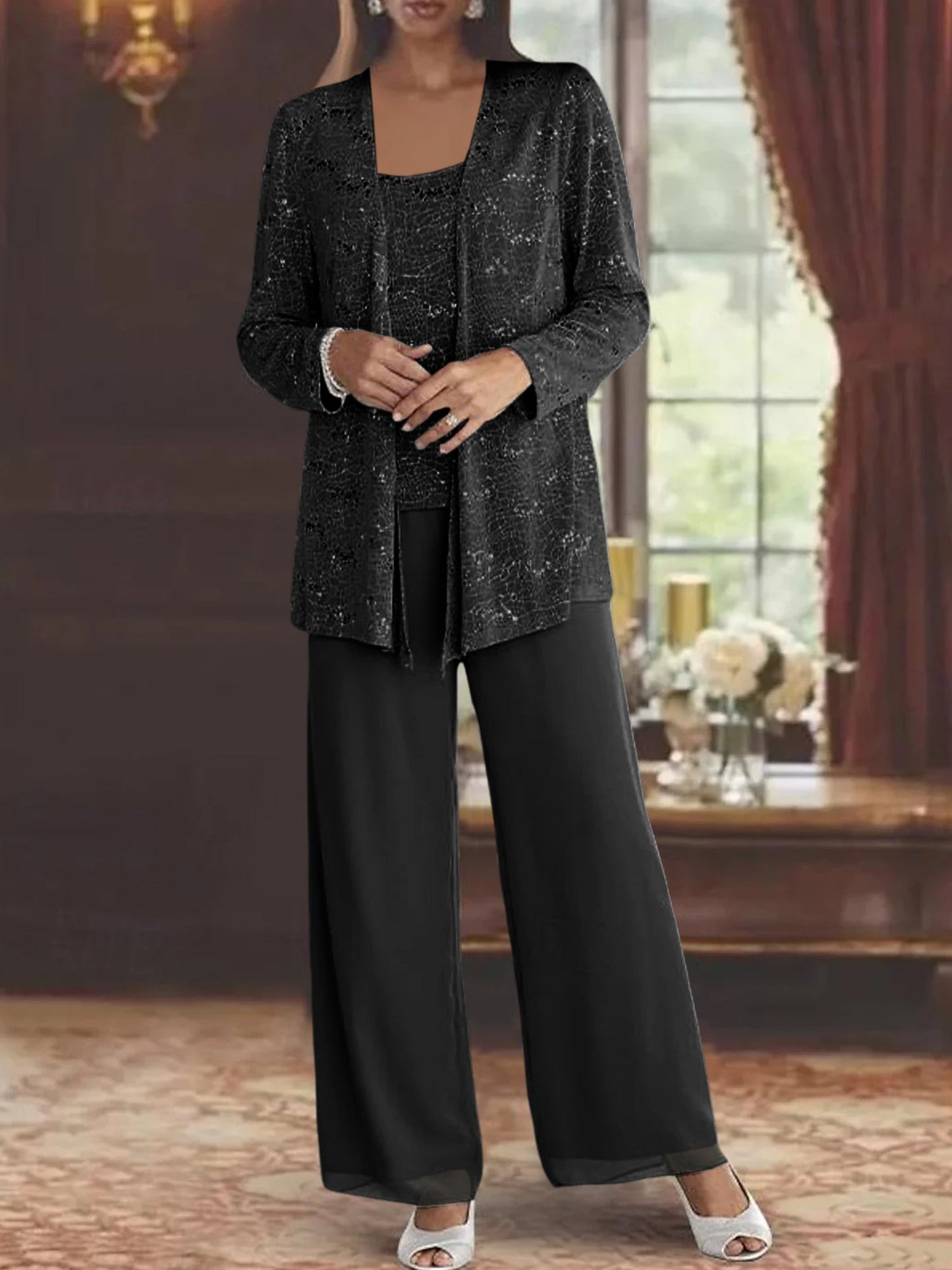 Montarello Women's Chiffon Sequin Jacket Trouser Suit 3-Piece
