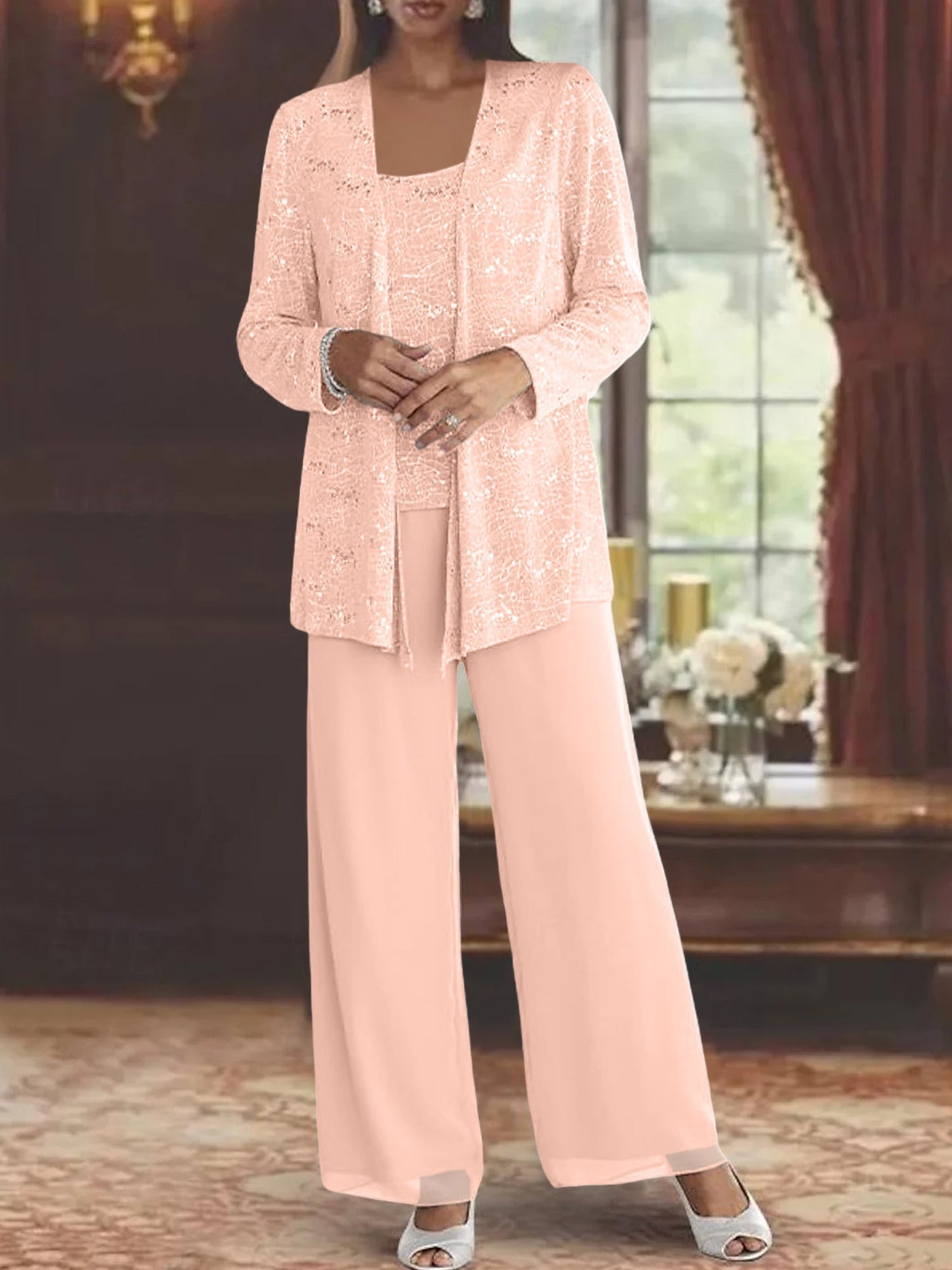 Montarello Women's Chiffon Sequin Jacket Trouser Suit 3-Piece