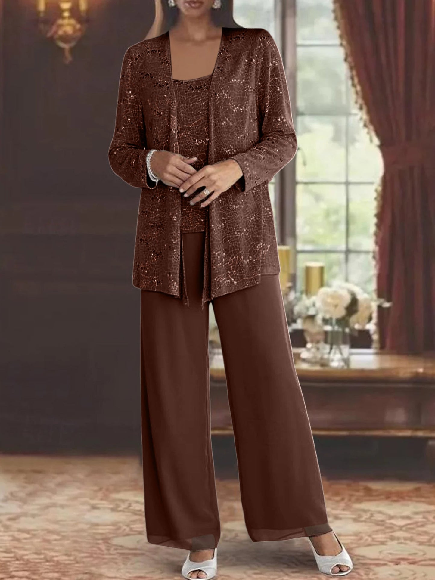Montarello Women's Chiffon Sequin Jacket Trouser Suit 3-Piece