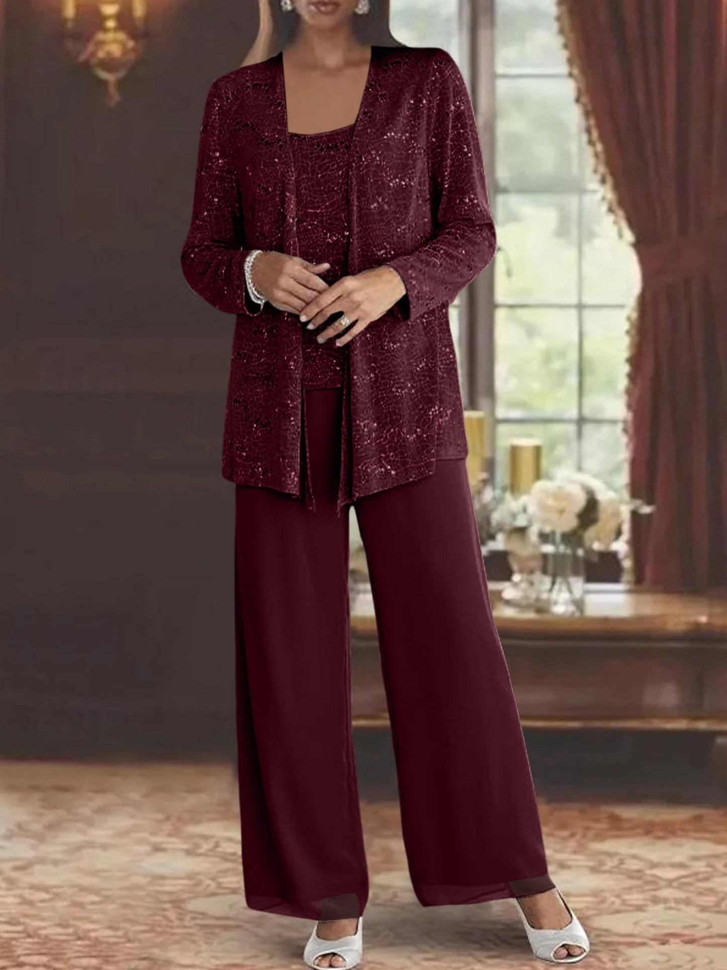 Montarello Women's Chiffon Sequin Jacket Trouser Suit 3-Piece