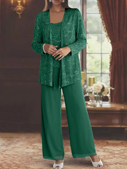 Montarello Women's Chiffon Sequin Jacket Trouser Suit 3-Piece