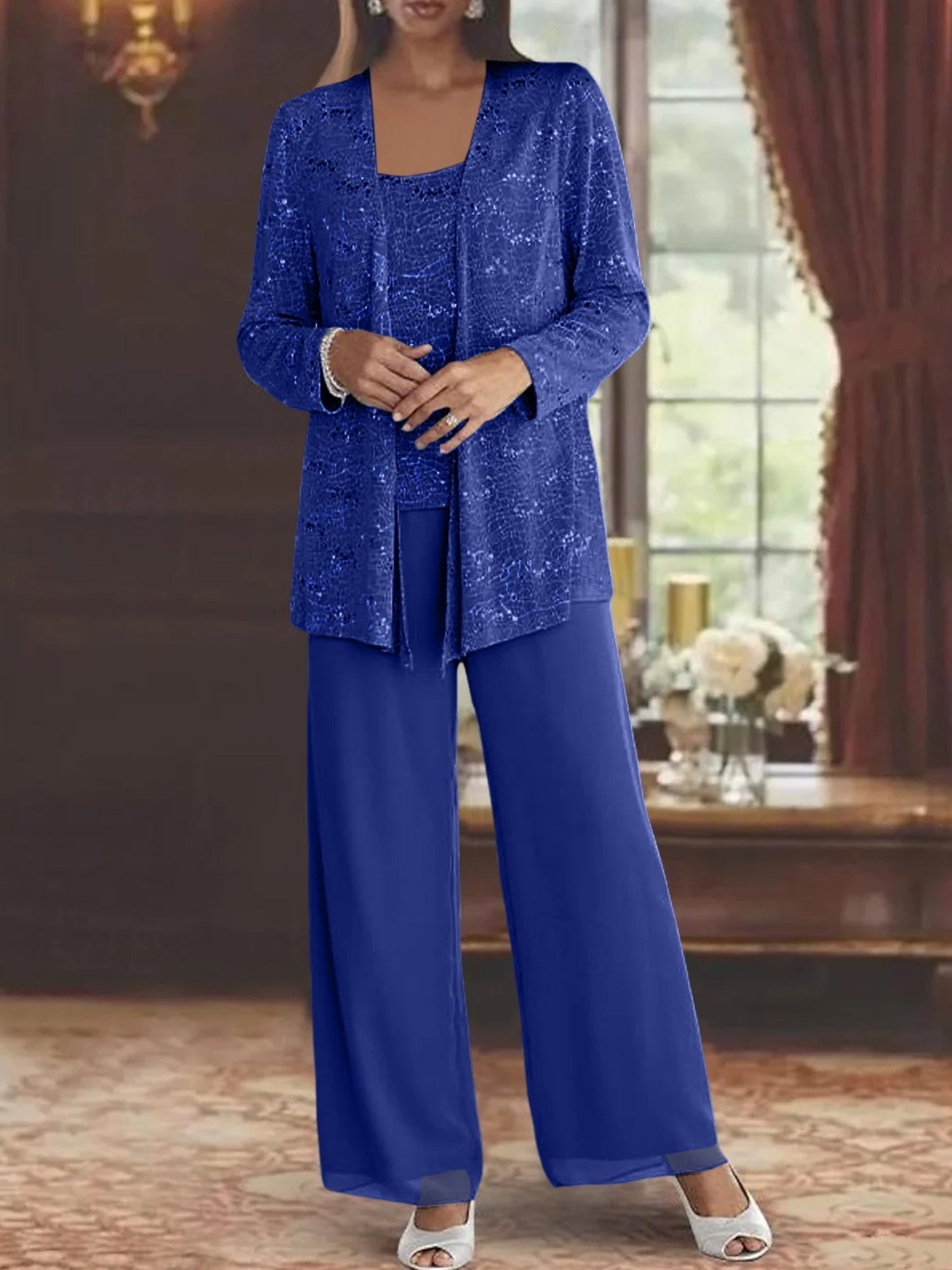Montarello Women's Chiffon Sequin Jacket Trouser Suit 3-Piece