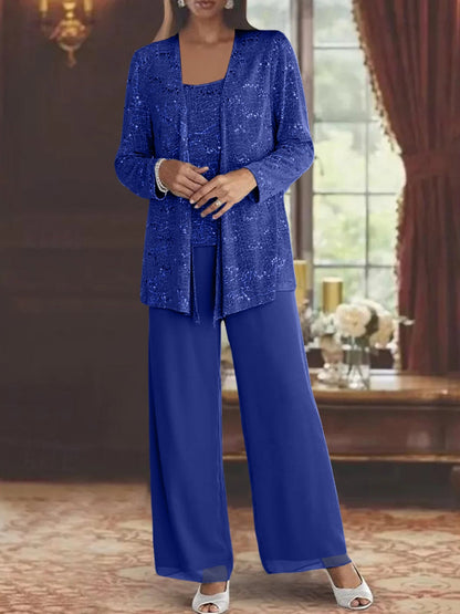 Montarello Women's Chiffon Sequin Jacket Trouser Suit 3-Piece