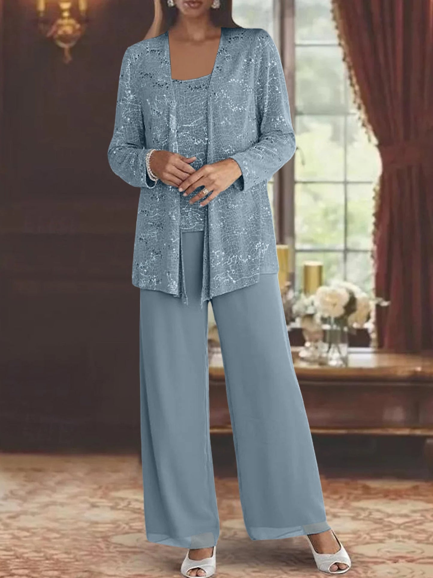 Montarello Women's Chiffon Sequin Jacket Trouser Suit 3-Piece