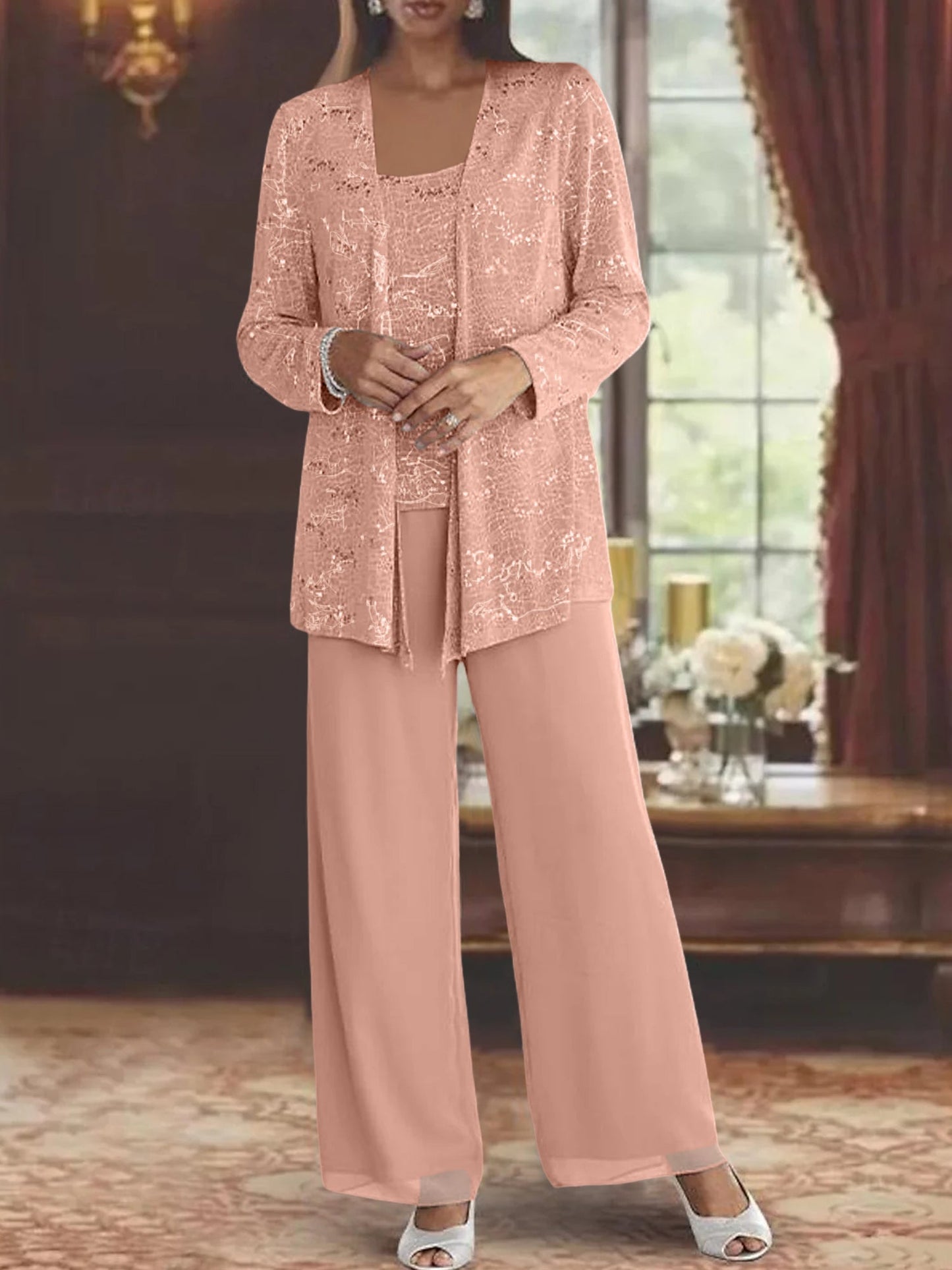 Montarello Women's Chiffon Sequin Jacket Trouser Suit 3-Piece