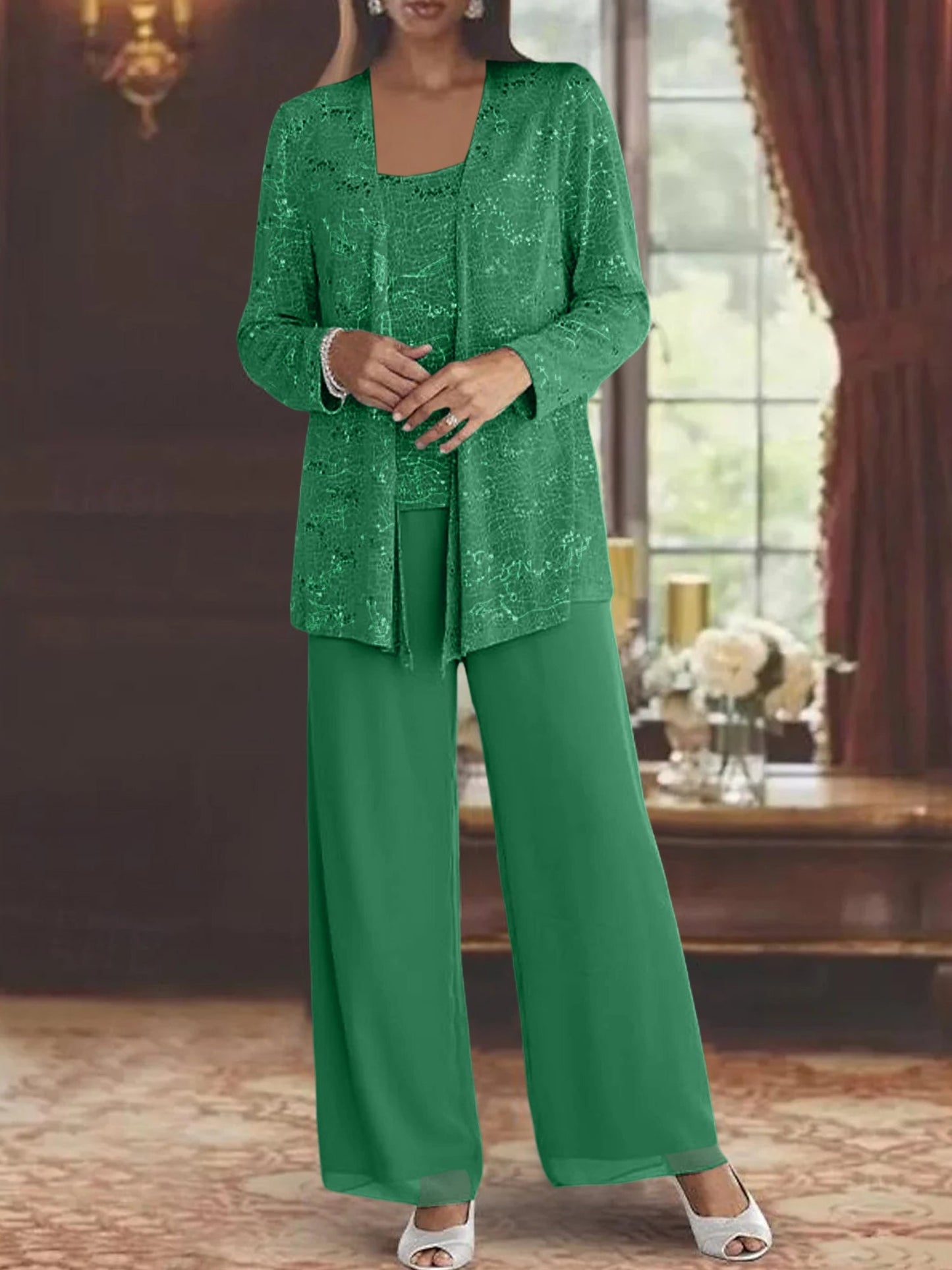 Montarello Women's Chiffon Sequin Jacket Trouser Suit 3-Piece