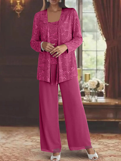 Montarello Women's Chiffon Sequin Jacket Trouser Suit 3-Piece