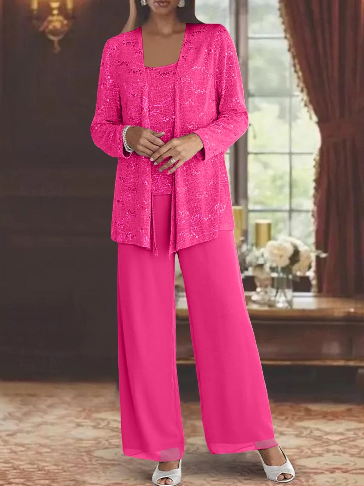 Montarello Women's Chiffon Sequin Jacket Trouser Suit 3-Piece