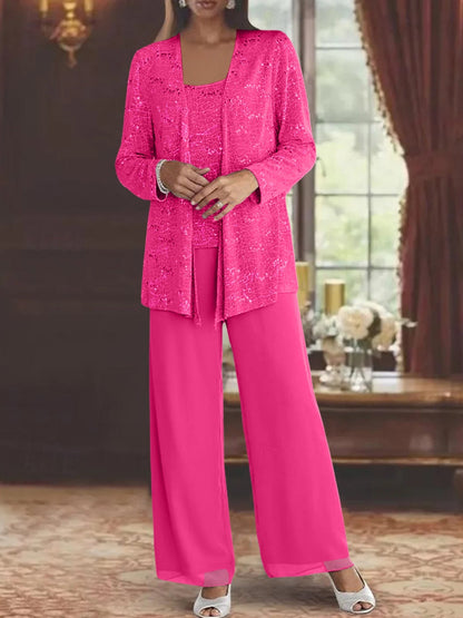 Montarello Women's Chiffon Sequin Jacket Trouser Suit 3-Piece