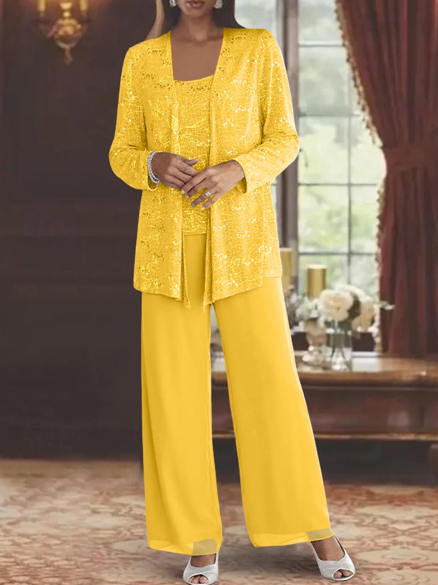 Montarello Women's Chiffon Sequin Jacket Trouser Suit 3-Piece