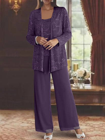 Montarello Women's Chiffon Sequin Jacket Trouser Suit 3-Piece