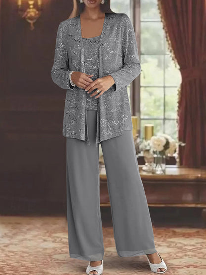 Montarello Women's Chiffon Sequin Jacket Trouser Suit 3-Piece