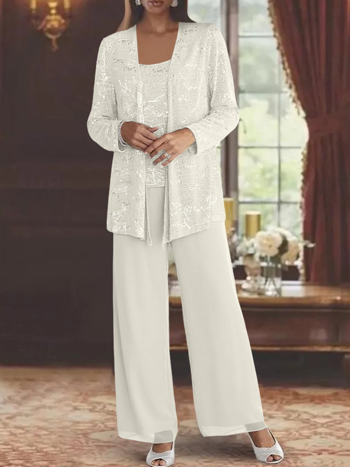 Montarello Women's Chiffon Sequin Jacket Trouser Suit 3-Piece