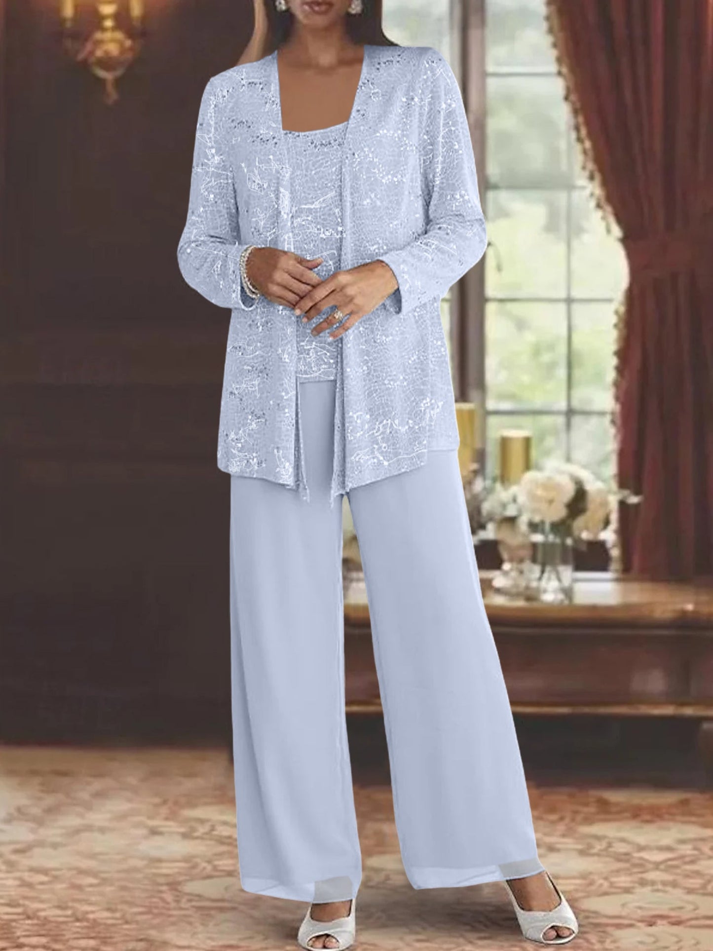 Montarello Women's Chiffon Sequin Jacket Trouser Suit 3-Piece