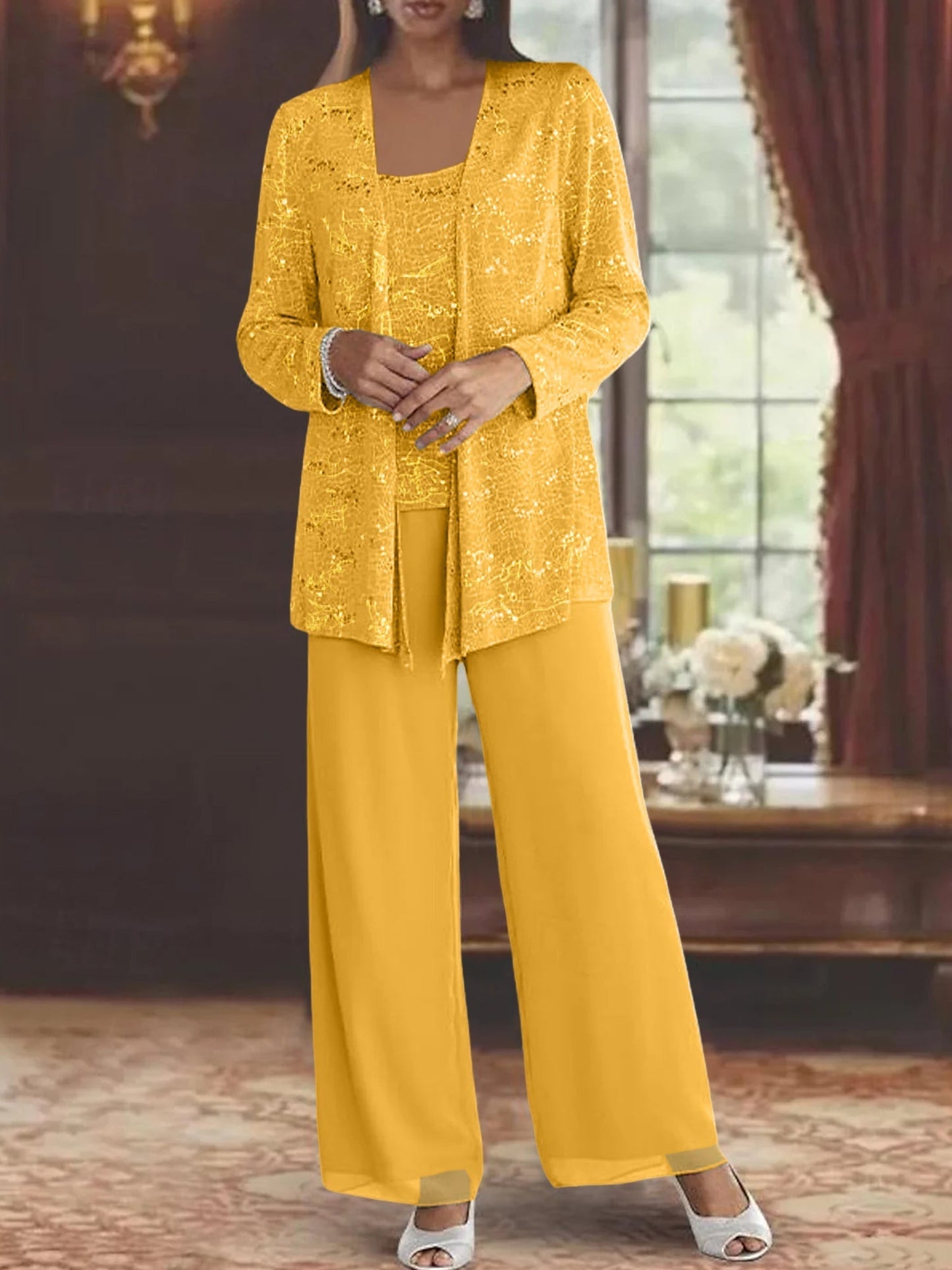 Montarello Women's Chiffon Sequin Jacket Trouser Suit 3-Piece