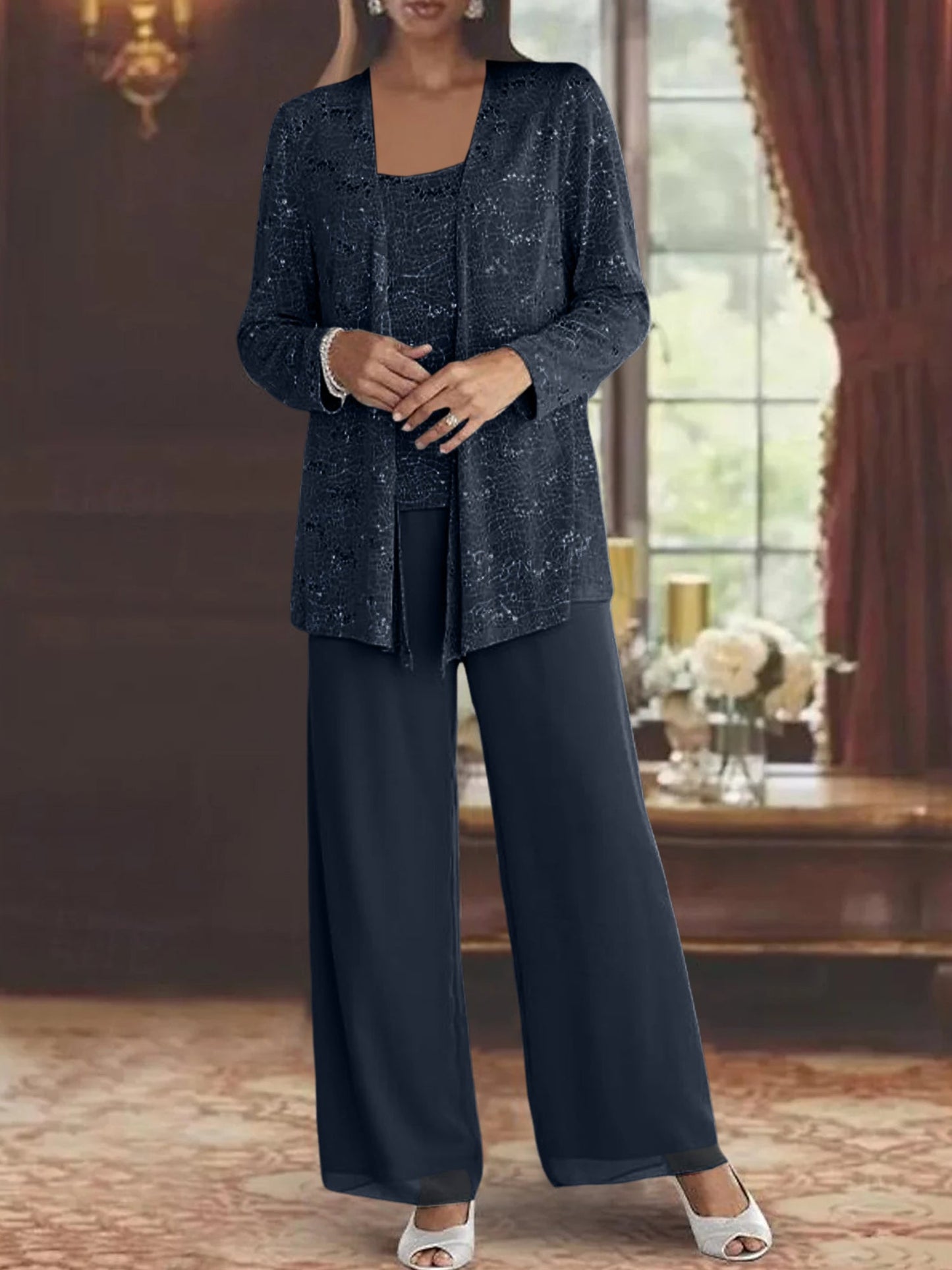 Montarello Women's Chiffon Sequin Jacket Trouser Suit 3-Piece