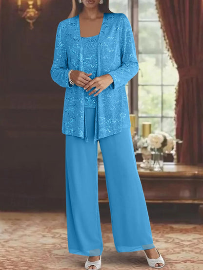 Montarello Women's Chiffon Sequin Jacket Trouser Suit 3-Piece