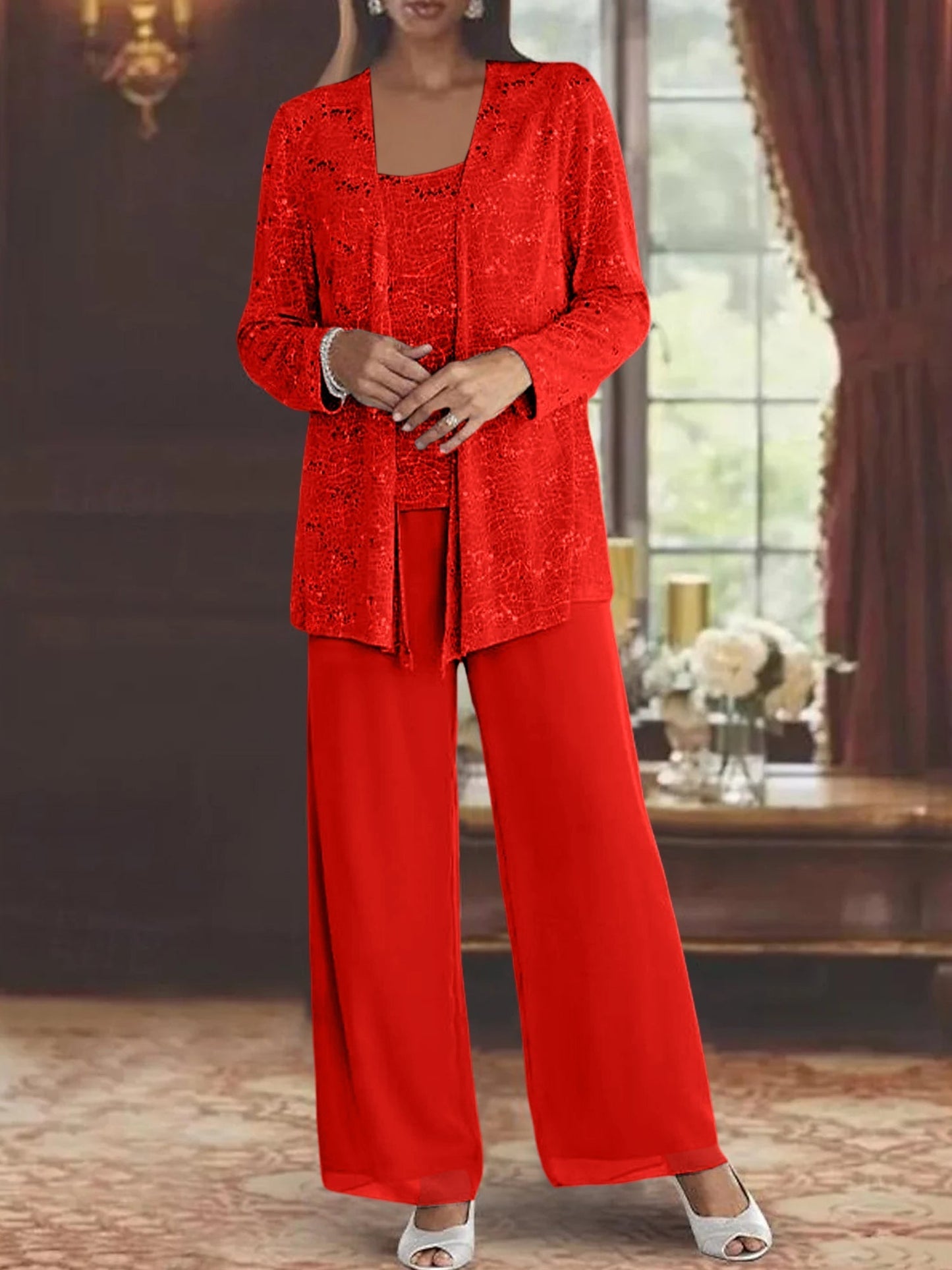 Montarello Women's Chiffon Sequin Jacket Trouser Suit 3-Piece