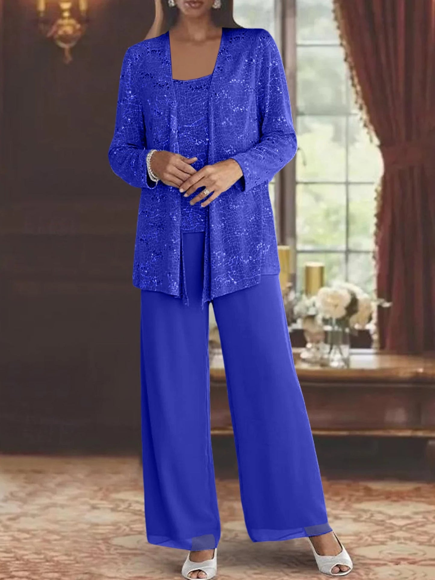 Montarello Women's Chiffon Sequin Jacket Trouser Suit 3-Piece