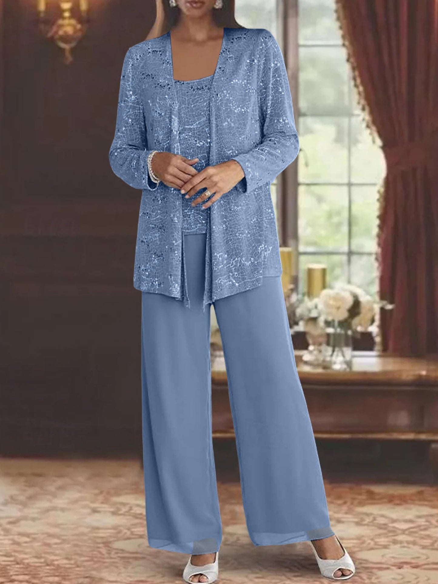 Montarello Women's Chiffon Sequin Jacket Trouser Suit 3-Piece