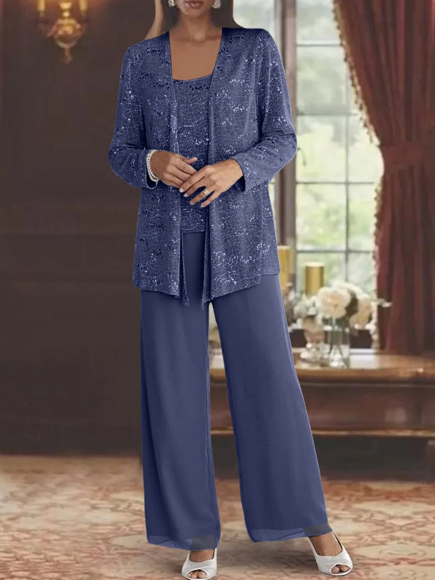 Montarello Women's Chiffon Sequin Jacket Trouser Suit 3-Piece