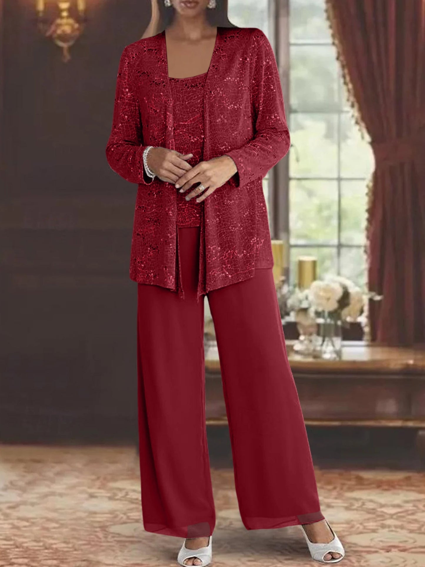 Montarello Women's Chiffon Sequin Jacket Trouser Suit 3-Piece