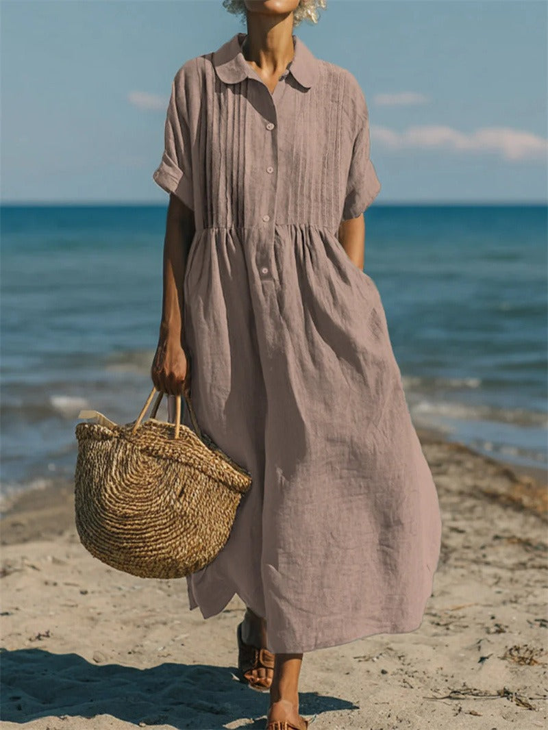 Montarello Women's Short-Sleeve Linen-Look Collared Midi Shirt Dress
