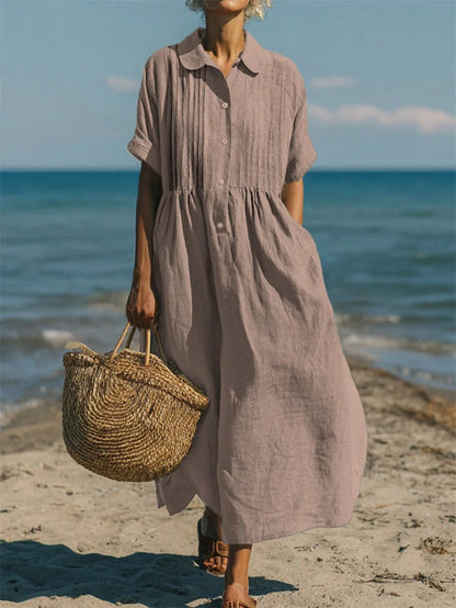 Montarello Women's Short Sleeve Button-Front Collared Midi Shirt Dress