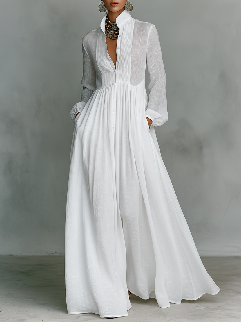Montarello Women's Cotton Linen-Blend Long-Sleeve Maxi Dress with Stand-Up Collar