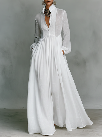 Montarello Women's Linen-Look Maxi Dress Stand Collar Long Sleeve