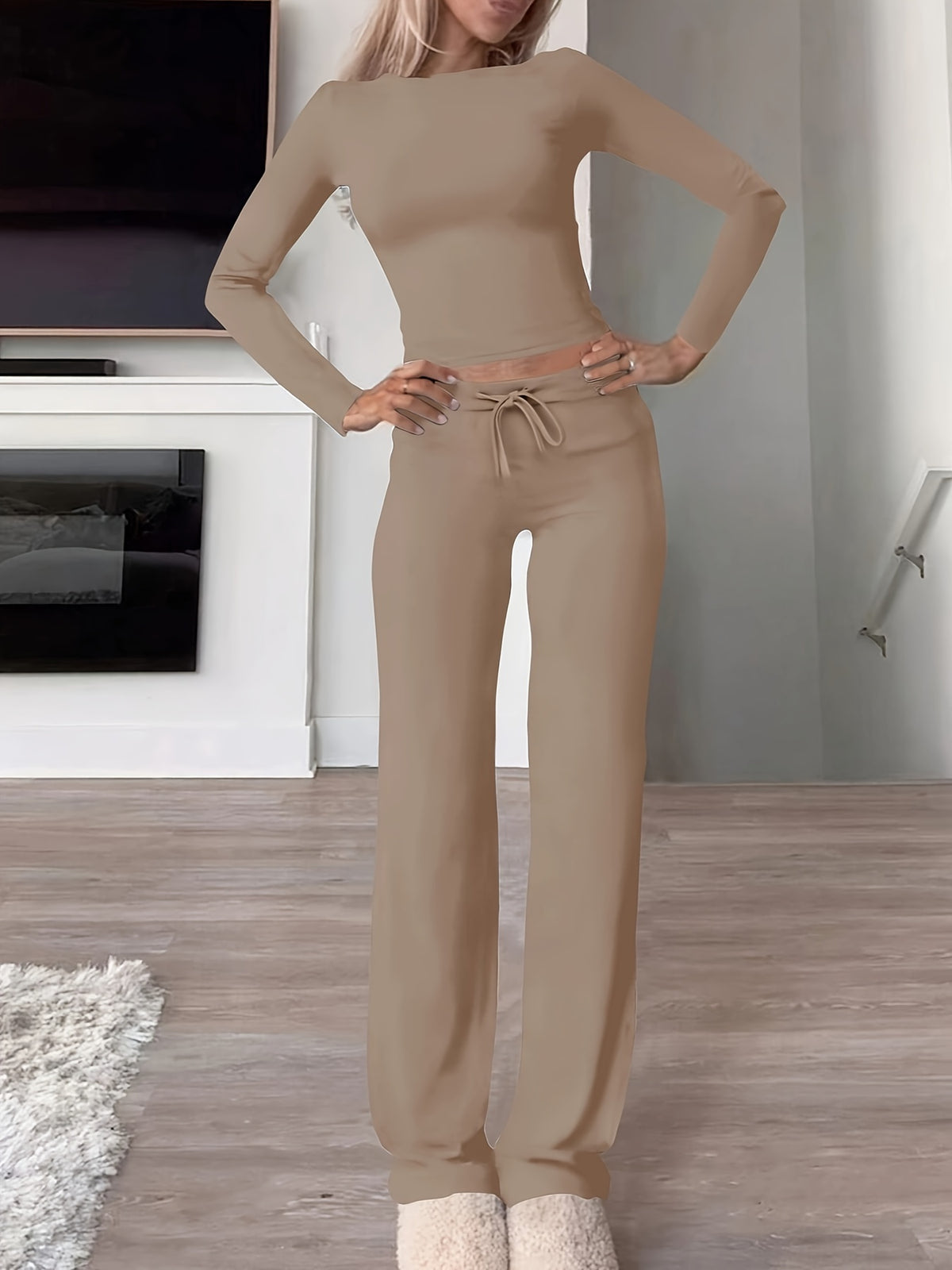 Montarello Women's Loungewear Set Ribbed Long Sleeve Drawstring Two Piece