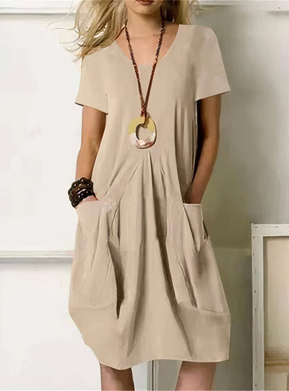Montarello Women's Relaxed Fit Pocket Midi Dress Short Sleeve