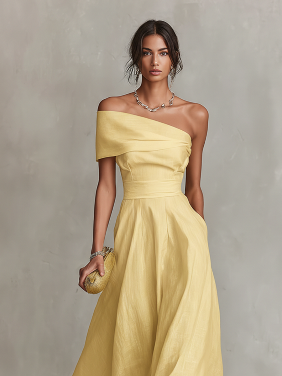 Montarello Women's One-Shoulder Fitted Linen-Look Midi Occasion Dress
